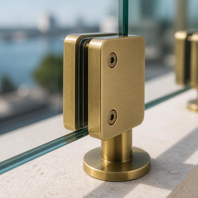 Brass hardware detail on a glass railing system